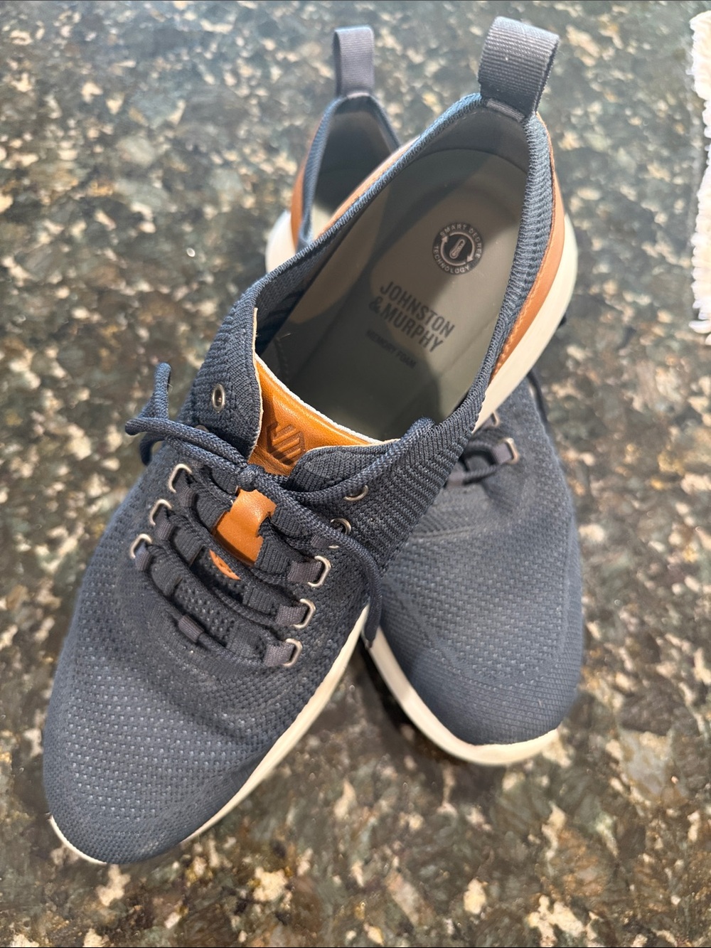 Johnston & Murphy Navy Knit Sneakers with Tan Accents